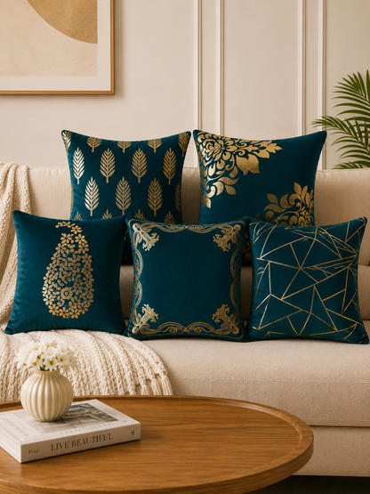 Premium Velvet Foil Printed Cushion Covers Pack of 5 | 16 x 16 Inch