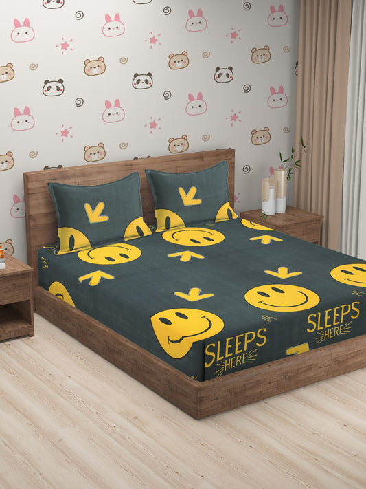 Hosta Homes Smiley Printed Multicolored Bed Sheet With Pillow Covers image 0