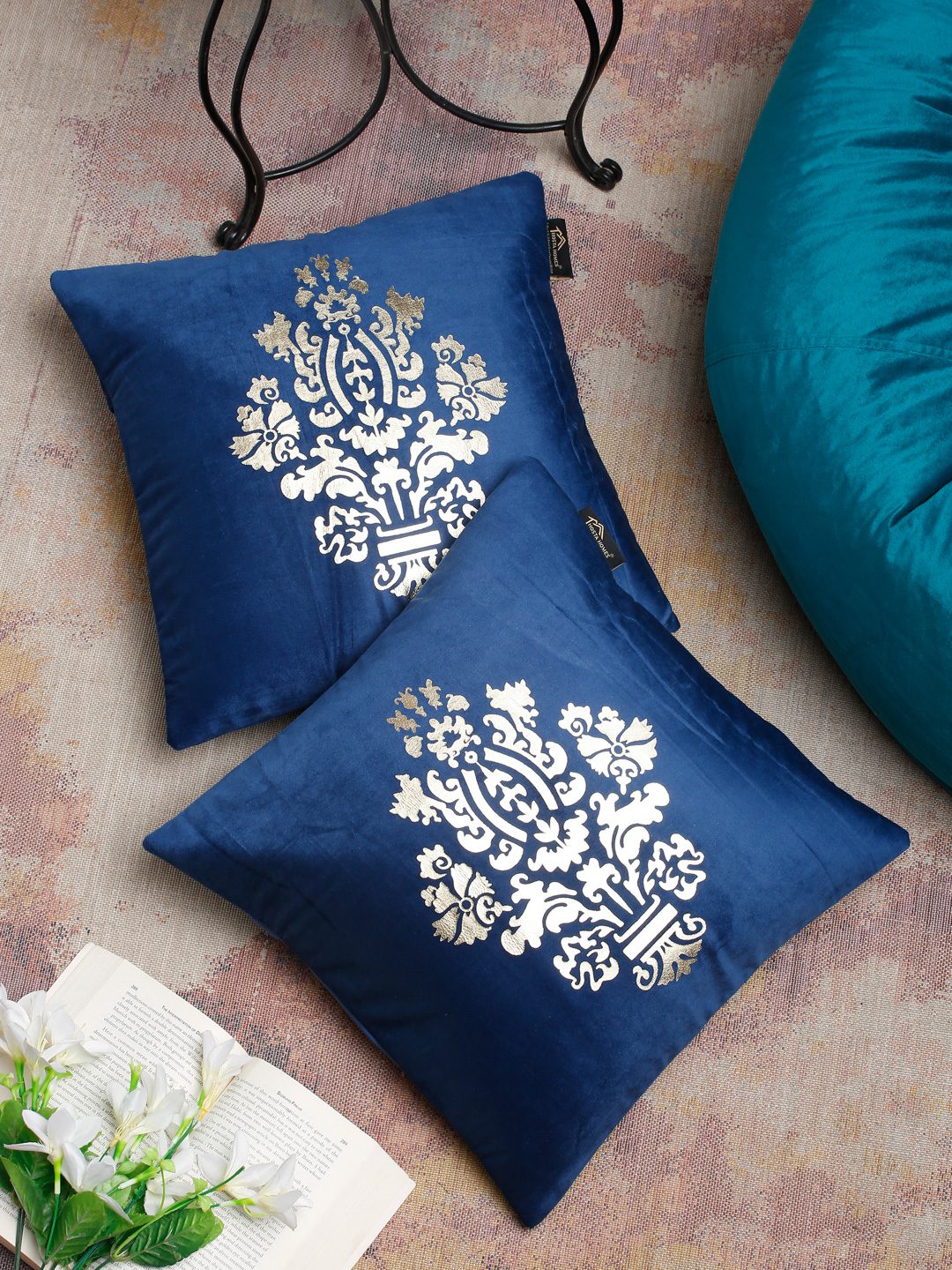 16X16 Soft Velvet , Foil Printed Blue, Zipper - Pack of 2 image