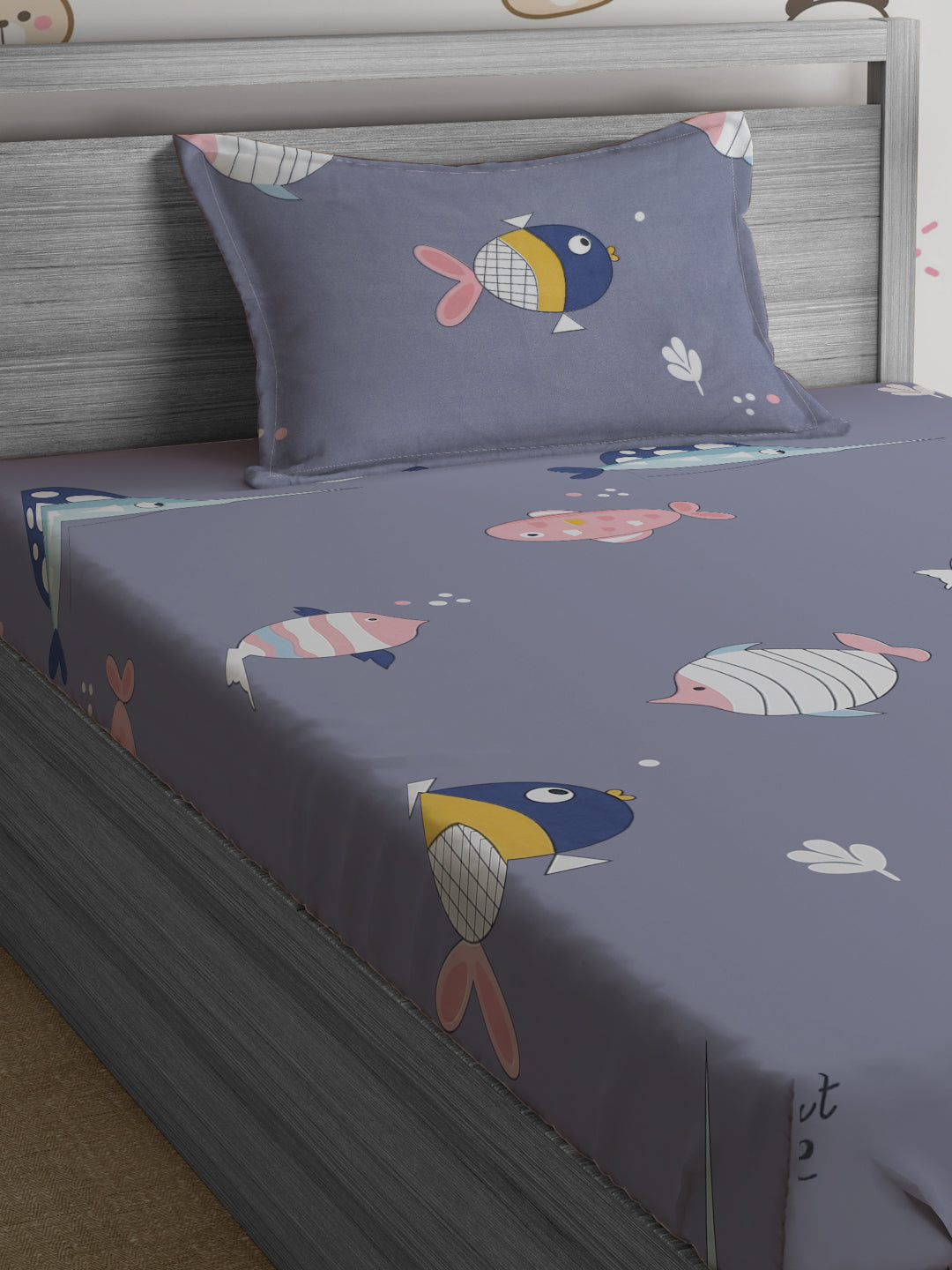 Hosta Homes Cute Mini Fish Printed Multicolored Bed Sheet With Pillow Cover image 2