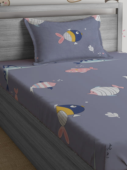 Hosta Homes Cute Mini Fish Printed Multicolored Bed Sheet With Pillow Cover image 2