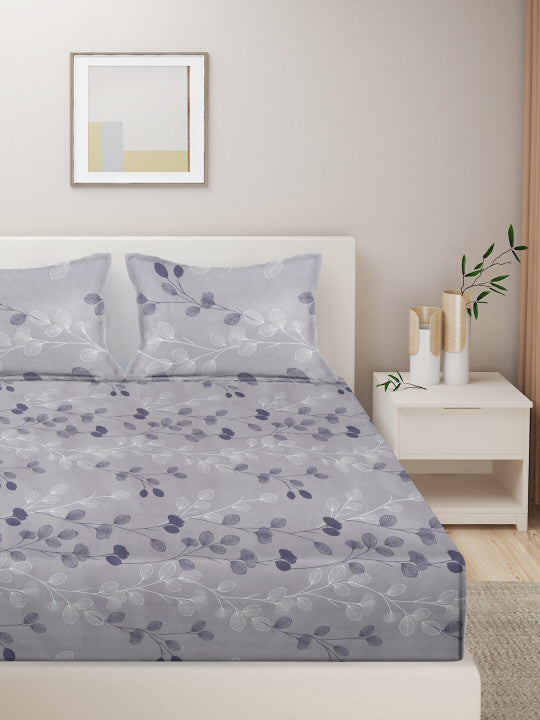 Grey Floral Pure Cotton 300 TC King Fine Bedsheet with 2 Pillow Covers-100 x 108 inches