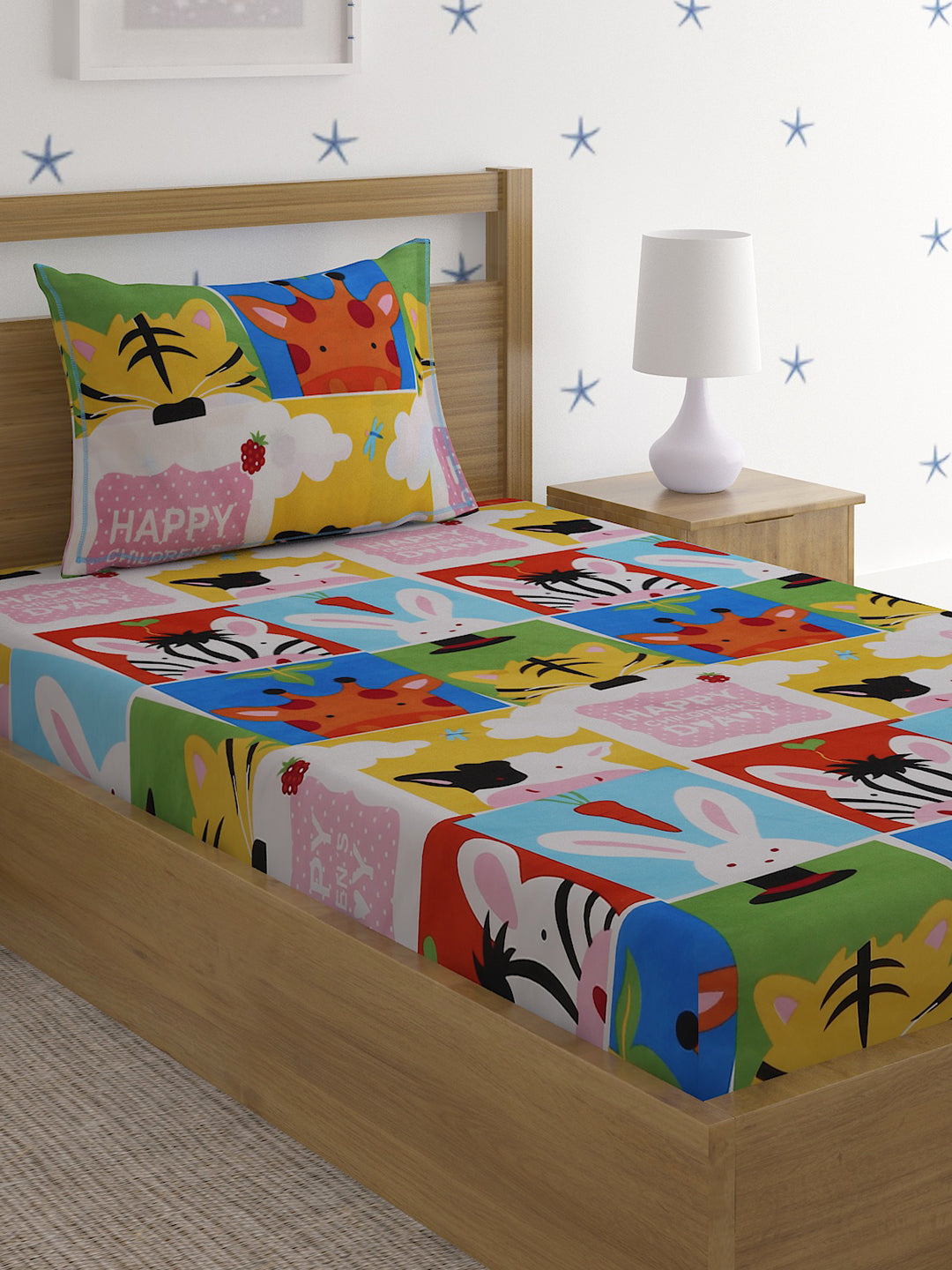 Hosta Homes Jungle Buddies Multicolored Bed Sheet With Pillow Covers - Single Size image