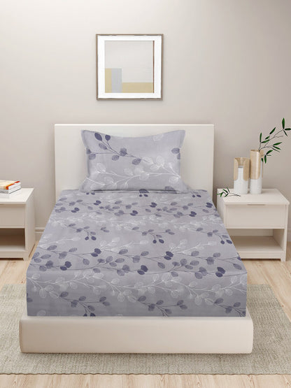 Grey Leaf Polycotton 210 TC Single Fine Bedsheet with a Pillow Cover-60 x 90 inches