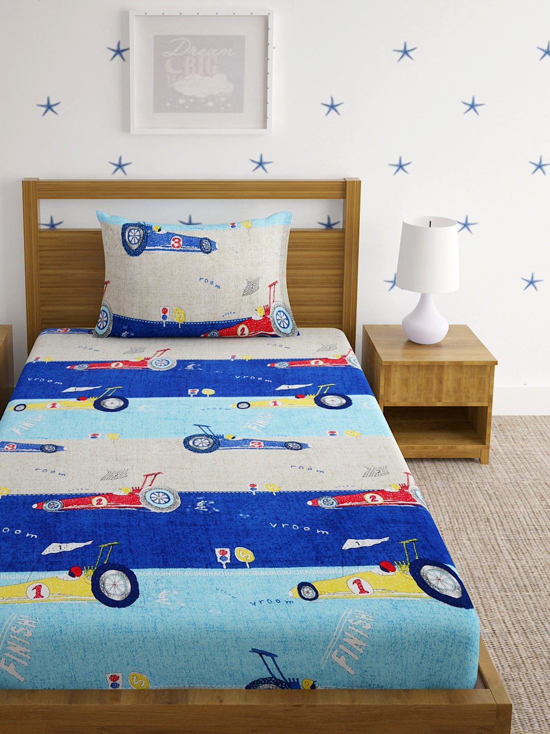 Hosta Homes Racing Car Multicolored Kids Bed Sheet With Pillow Cover image 1