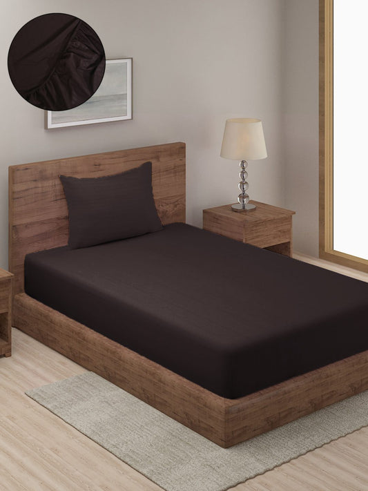 HOSTA HOMES Brown Striped 300 TC Cotton Fitted Bedsheet with Pillow Covers - Single Size image