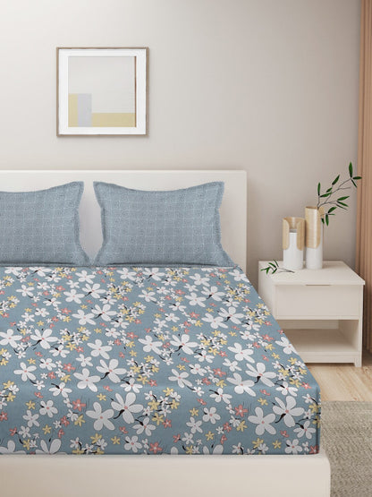 Blue Floral Cotton 300 TC King Fine Bedsheet with 2 Pillow Covers-100 x 108 inches