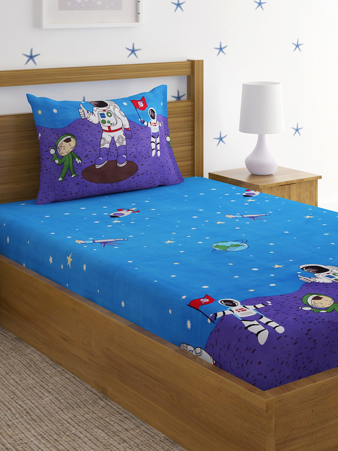 Hosta Homes Space Explorer Multicolored Kids Bed Sheet with Pillow Covers  - Single Size image