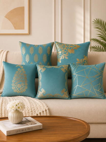 Premium Velvet Foil Printed Cushion Covers Pack of 5 | 16 x 16 Inch
