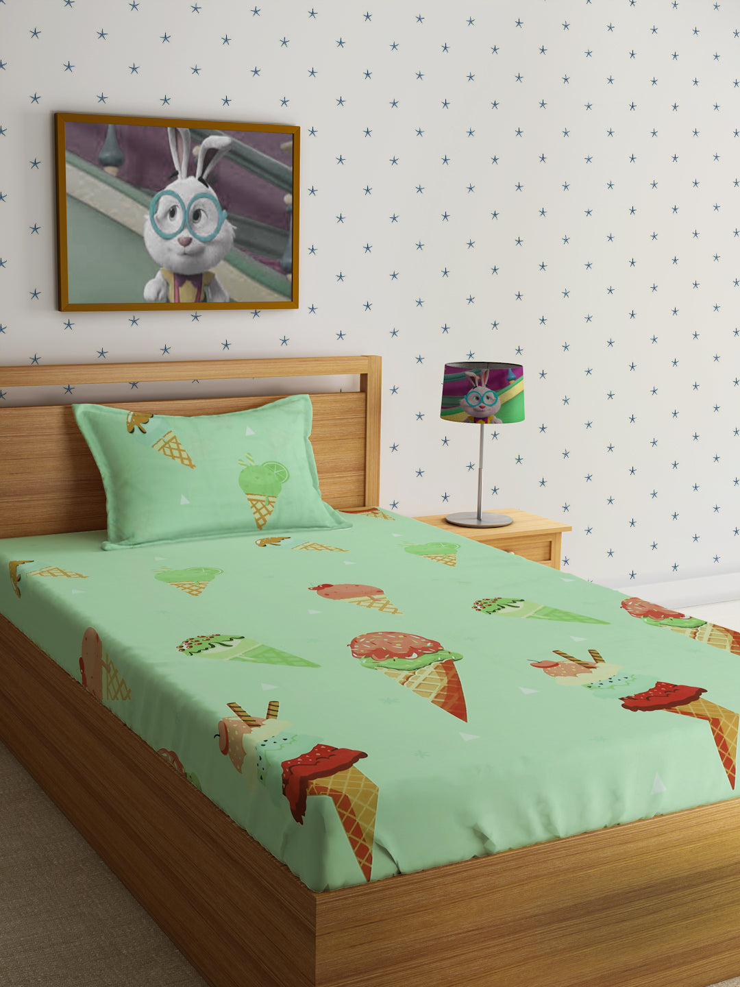 Hosta Homes Ice Cream Cone Multicolored Bed Sheet With Pillow Covers - Single Size image