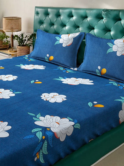 Blue Floral Cotton 300 TC Fitted Queen Fine Bedsheet with 2 Pillow Covers-72 x 78 inches