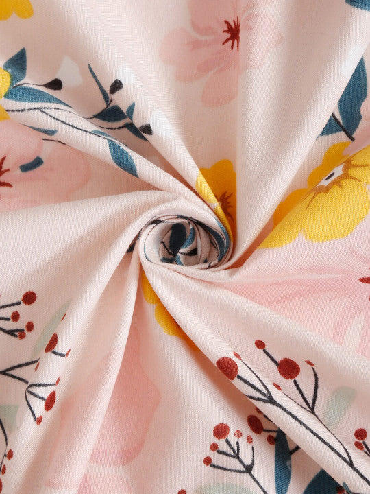 Pink Floral Cotton 210 TC Single Fine Bedsheet with a Pillow Cover-60 x 90 inches