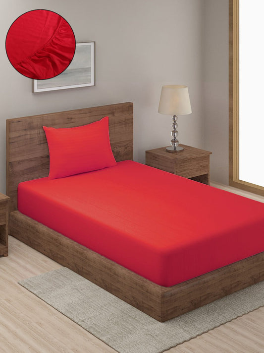 HOSTA HOMES Red Striped 300 TC Cotton Fitted Bedsheet with Pillow Covers - Single Size image