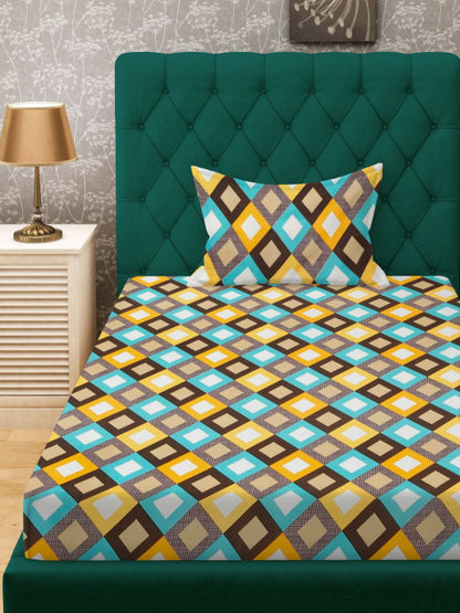 Yellow & Blue Abstract Printed 280 TC Single Bedsheet Set-1.52 m x 2.28 m