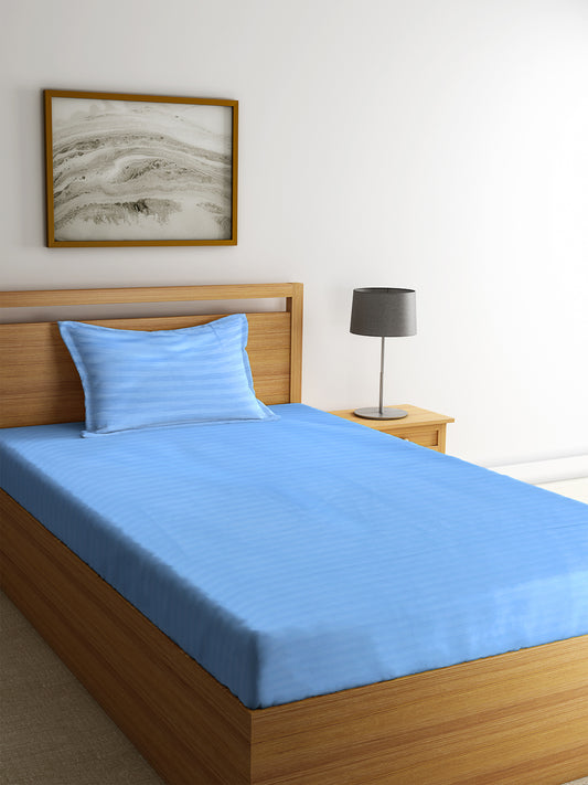 HOSTA HOMES Turquoise Blue Striped 300 TC Cotton Bedsheet with Pillow Covers - Single Size image