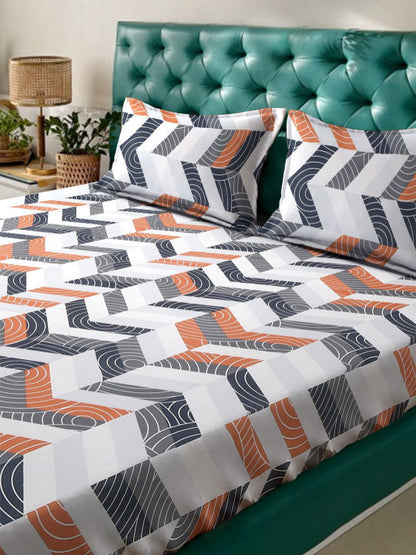 Grey Geometric Cotton 300 TC Queen Fine Bedsheet with 2 Pillow Covers-90 x 100 inches