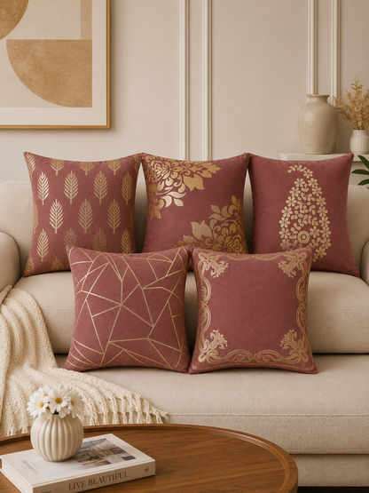 Premium Velvet Foil Printed Cushion Covers Pack of 5 | 16 x 16 Inch