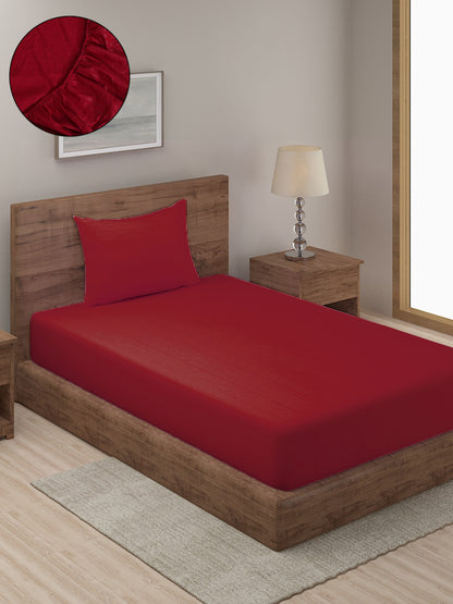 HOSTA HOMES Maroon Striped 300 TC Cotton Fitted Bedsheet with Pillow Covers - Single Size image