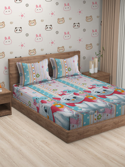 Hosta Homes Kitty Printed Multicolored Kids Bedsheet With Pillow Covers image 0