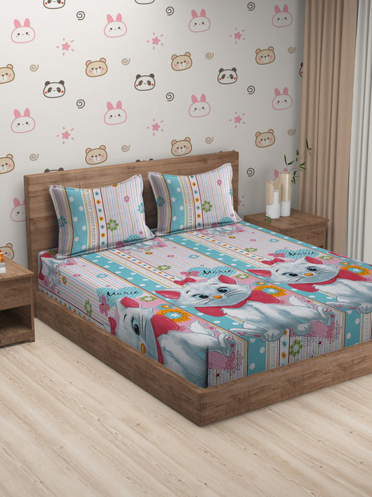 Hosta Homes Kitty Printed Multicolored Kids Bedsheet With Pillow Covers image 0