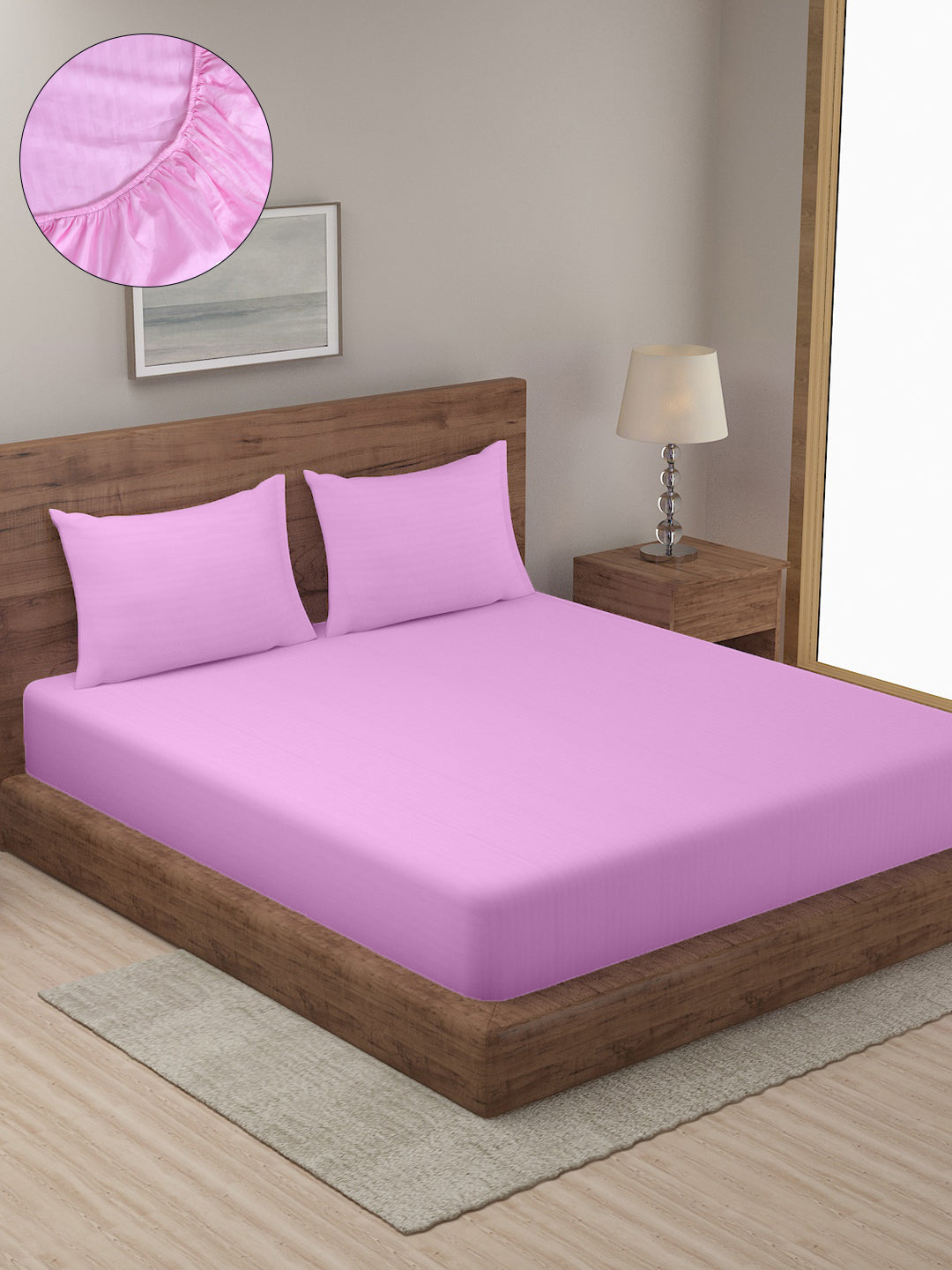 HOSTA HOMES Pink Striped 300 TC Cotton Fitted Bedsheet with Pillow Covers image 0