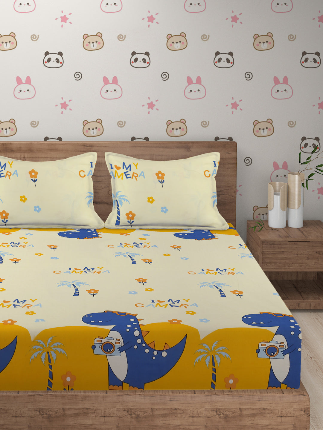 Hosta Homes Dinosaur's Camera Multicolored Kids Bedsheet With Pillow Covers image 1