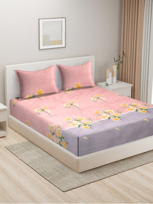 Pink Floral Pure Cotton 280 TC Fitted King Fine Bedsheet with 2 Pillow Covers-100 x 108 inches