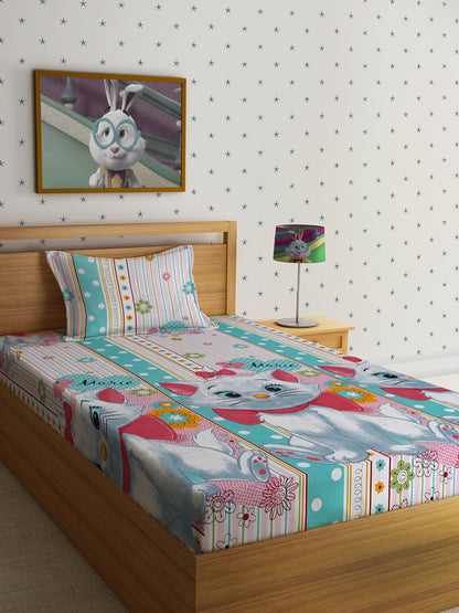 Hosta Homes Kitty Printed Multicolored Kids Bedsheet With Pillow Covers - Single Size image
