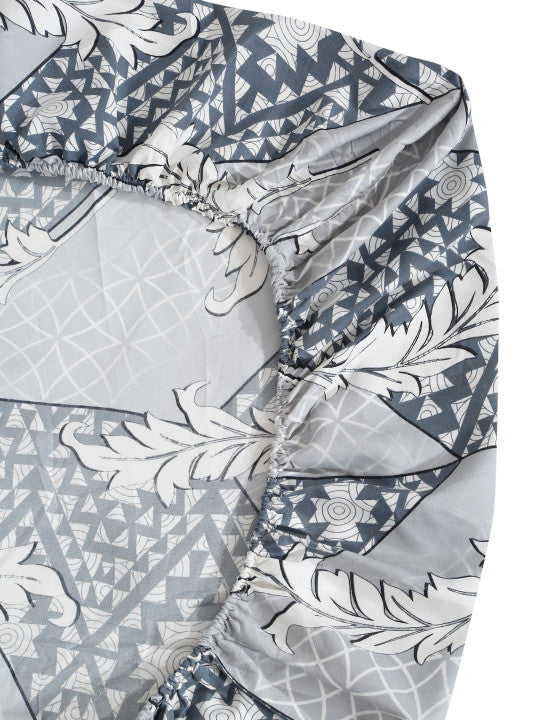 Grey Geometric Polycotton 280 TC Fitted King Fine Bedsheet with 2 Pillow Covers-78 x 78 inches