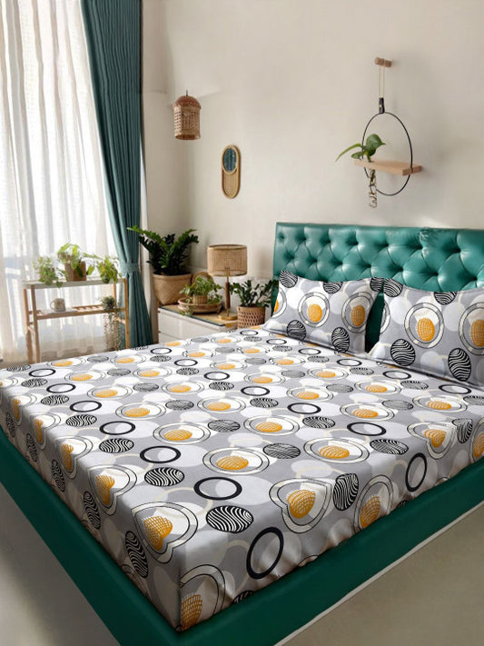 Grey Geometric Polycotton 300 TC Fitted King Fine Bedsheet with 2 Pillow Covers-78 x 78 inches