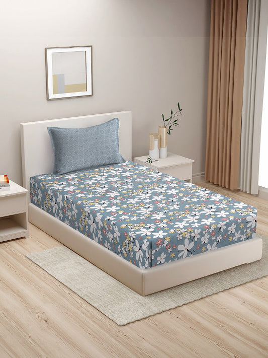 Grey Floral Cotton 210 TC Single Fine Bedsheet with a Pillow Cover-60 x 90 inches