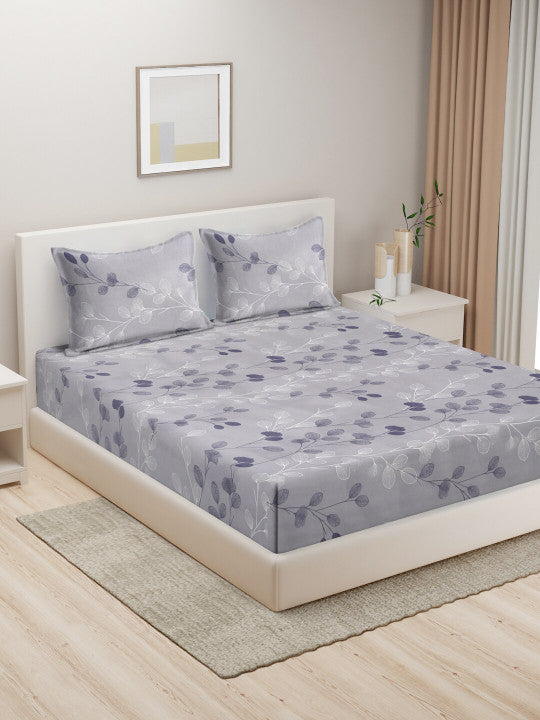 Grey Floral Pure Cotton 300 TC King Fine Bedsheet with 2 Pillow Covers-100 x 108 inches