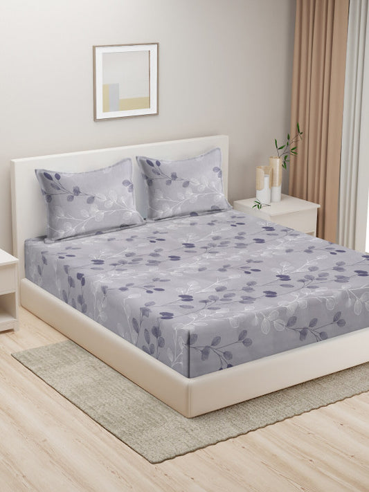 Grey Floral Pure Cotton 300 TC King Fine Bedsheet with 2 Pillow Covers-100 x 108 inches