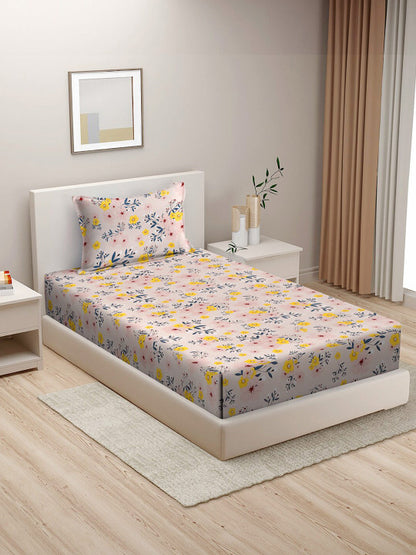 Pink Floral Cotton 210 TC Single Fine Bedsheet with a Pillow Cover-60 x 90 inches