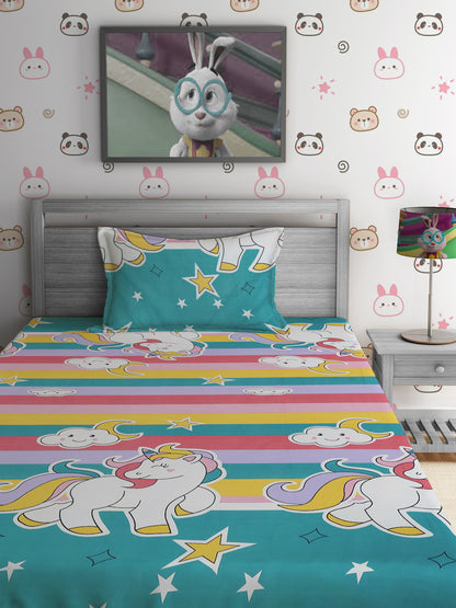 Hosta Homes Unicorn Star Printed Multicolored Bedsheet With Pillow Cover image 1