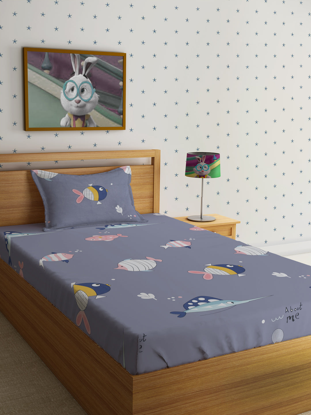 Hosta Homes Cute Mini Fish Printed Multicolored Bed Sheet With Pillow Covers - Single Size image