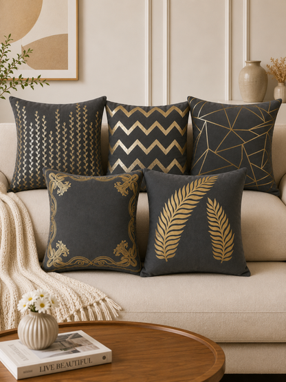 Premium Velvet Foil Printed Cushion Covers Pack of 5 | 16 x 16 Inch