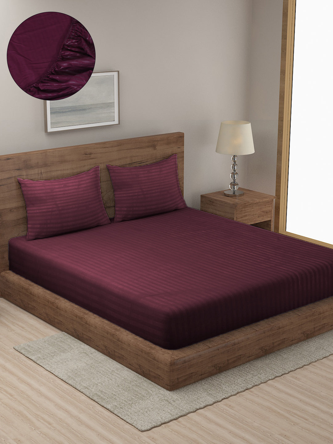 HOSTA HOMES Purple Striped 300 TC Cotton Fitted Bedsheet with Pillow Covers image 0