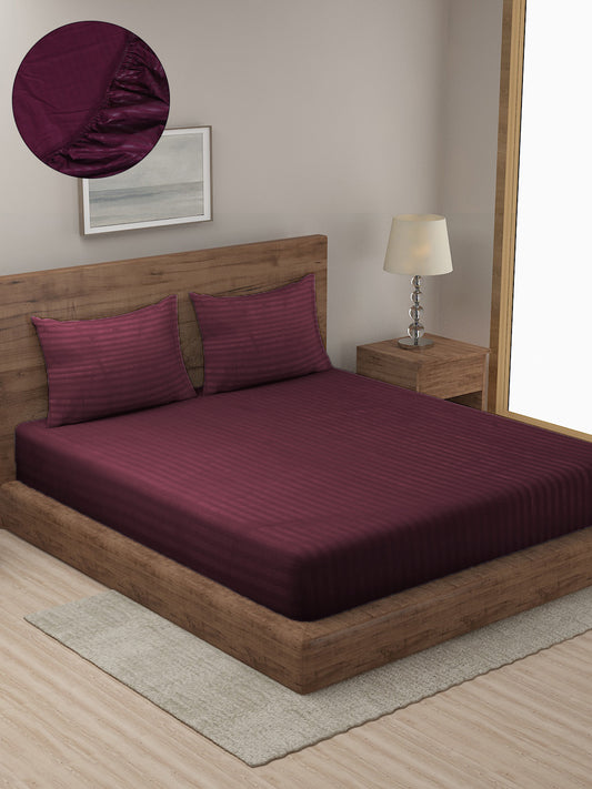 HOSTA HOMES Purple Striped 300 TC Cotton Fitted Bedsheet with Pillow Covers image 0