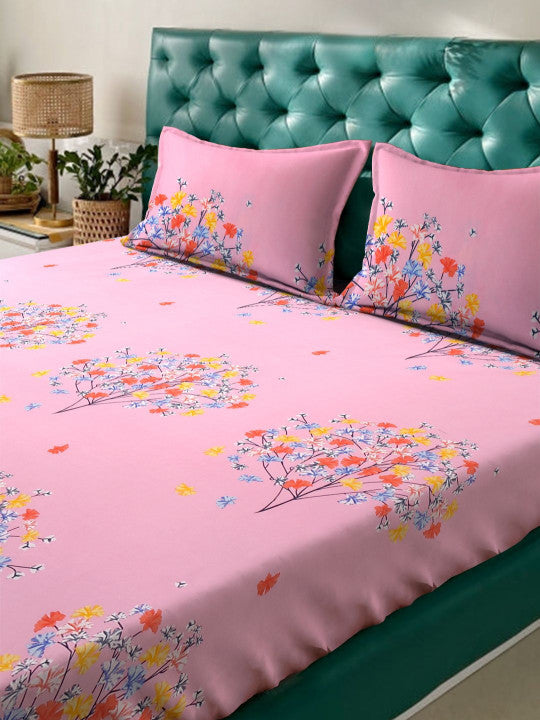 Pink Floral Polycotton 300 TC Fitted Queen Fine Bedsheet with 2 Pillow Covers-72 x 78 inches