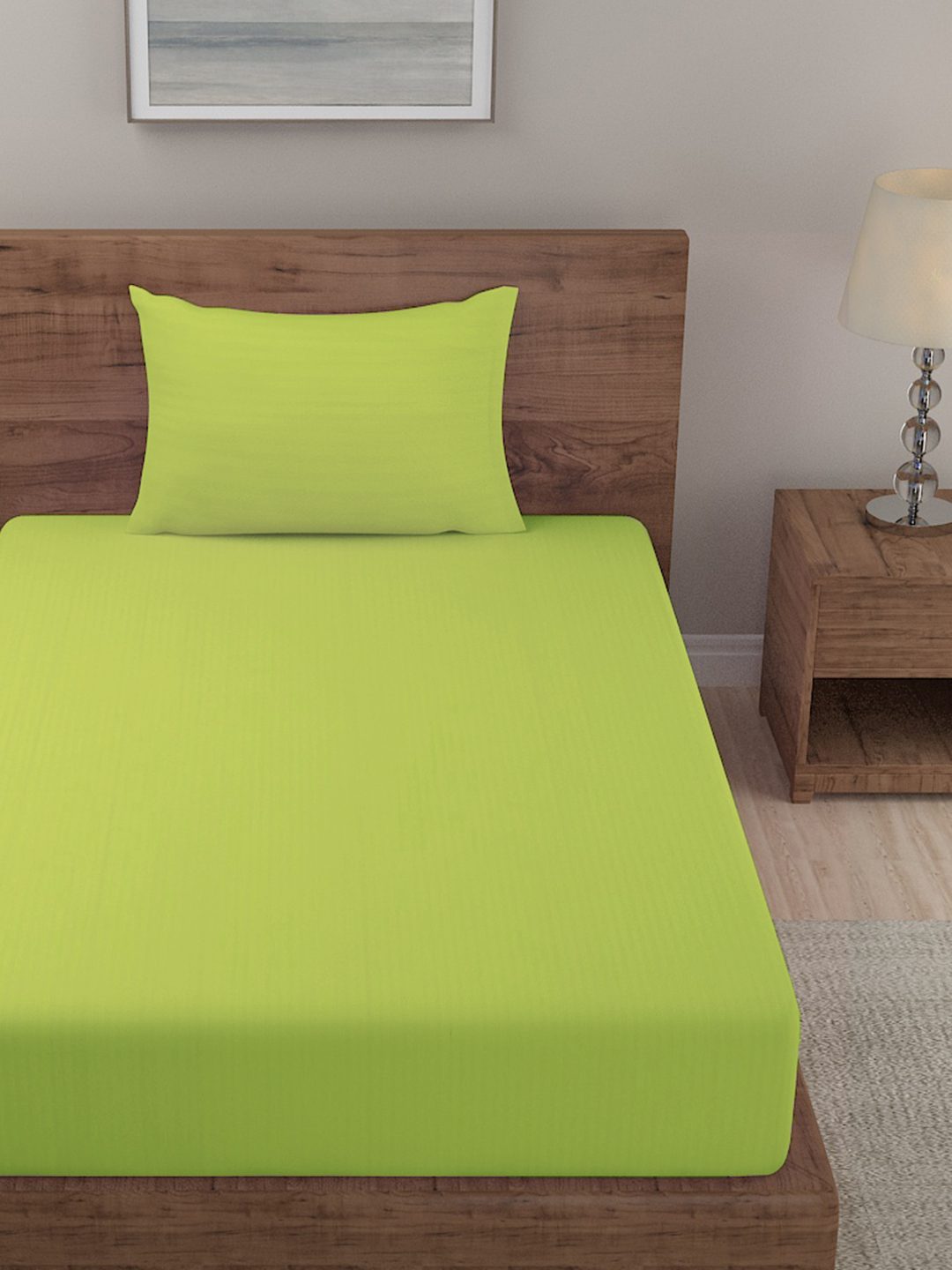 HOSTA HOMES Green Striped 300 TC Fitted Single Bedsheet with 1 Pillow Covers image 1