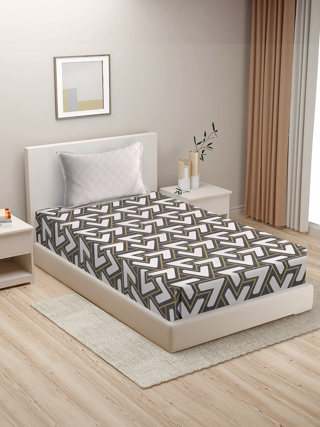 Hosta Homes Geometric Design Multicolored Bed Sheet With Pillow Covers - Single Size image