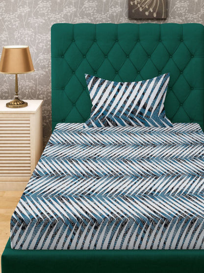 White & Blue Geometric Printed 280 TC Single Bedsheet Set-1.52 m x 2.28 m