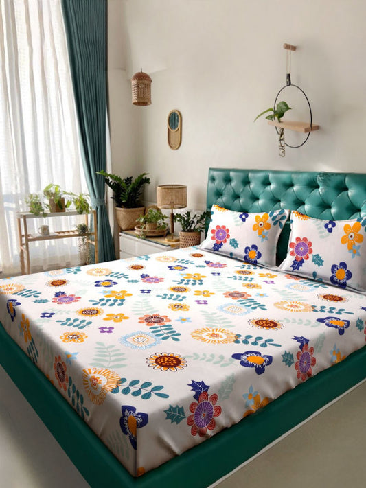 White Floral Polycotton 280 TC Fitted Queen Fine Bedsheet with 2 Pillow Covers-72 x 78 inches