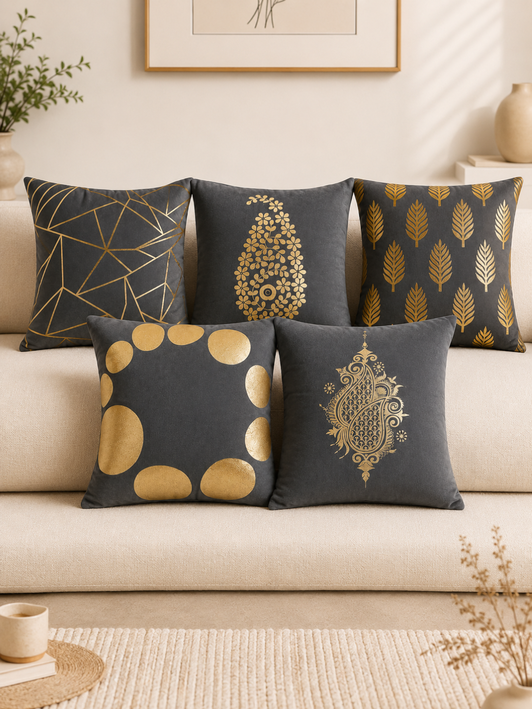 Premium Velvet Foil Printed Cushion Covers Pack of 5 | 16 x 16 Inch