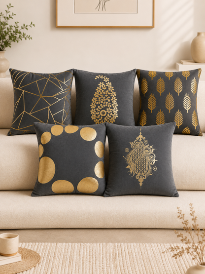 Premium Velvet Foil Printed Cushion Covers Pack of 5 | 16 x 16 Inch