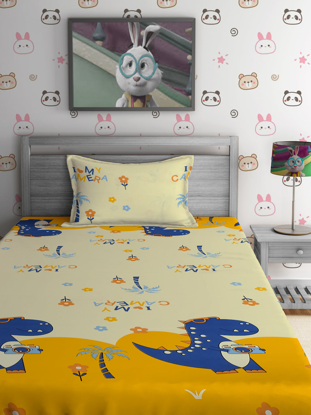 Hosta Homes Dinosaur's Camera Multicolored Kids Bedsheet With Pillow Cover image 1