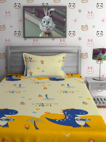 Hosta Homes Dinosaur's Camera Multicolored Kids Bedsheet With Pillow Cover image 1