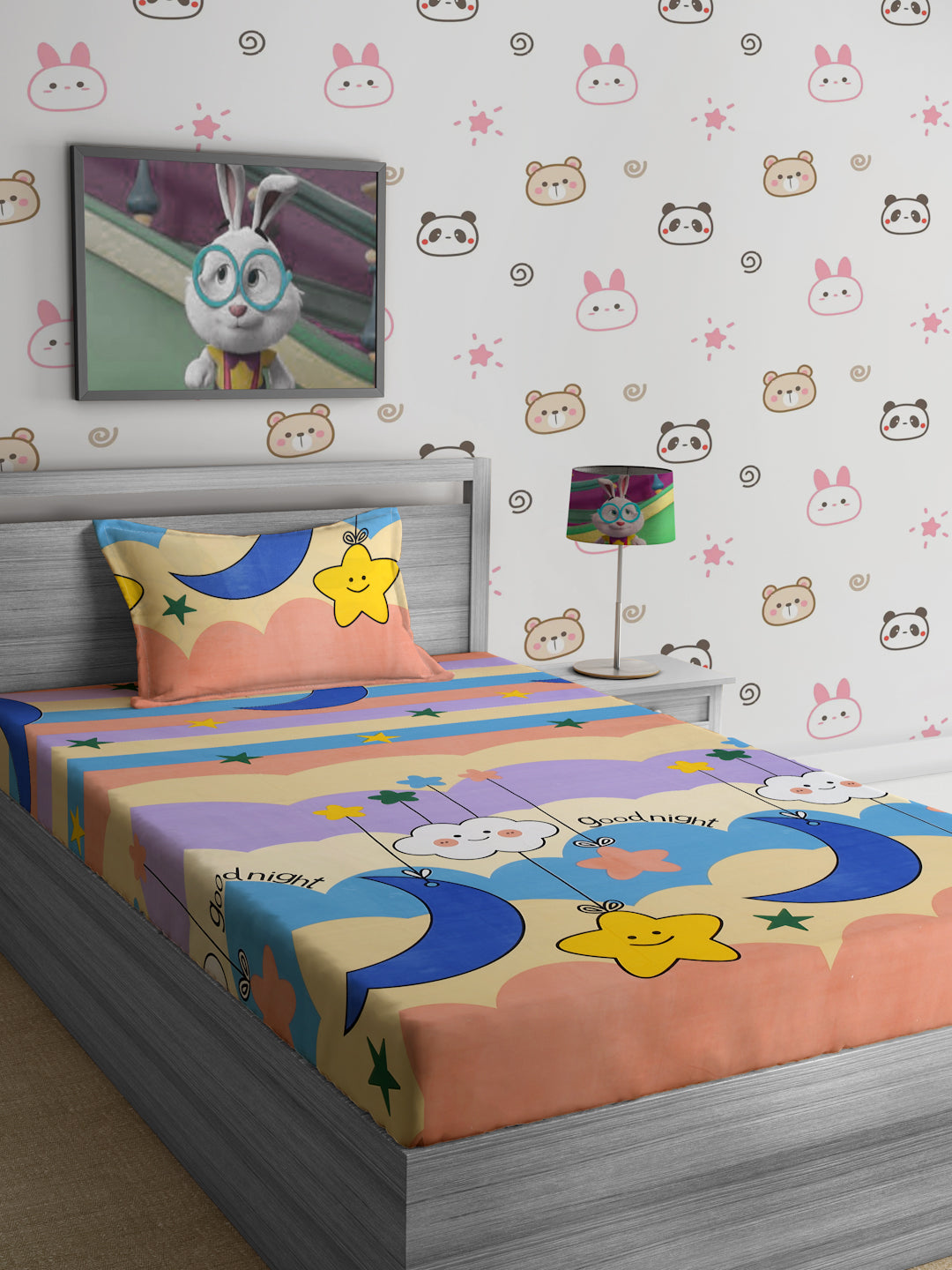 Hosta Homes Smiley Star Cloud Printed Multicolored Bedsheet With Pillow Cover image 0