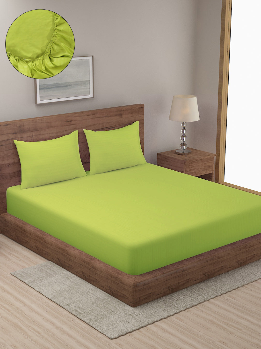 HOSTA HOMES Green Striped 300 TC Cotton Fitted Bedsheet with Pillow Covers image 0